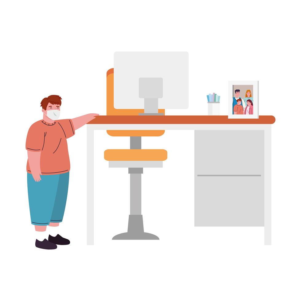 boy wearing medical mask for prevention covid 19 with desk and decoration vector