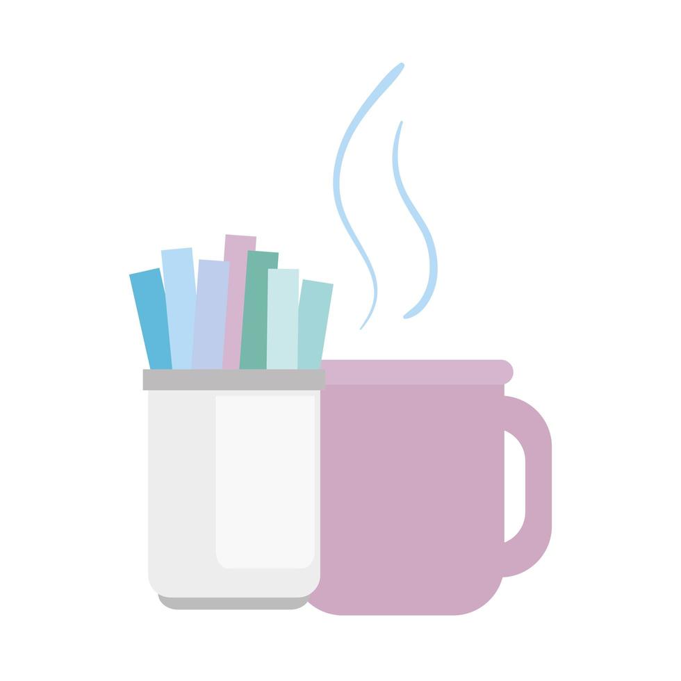 stationery equipment tool, pencils in bottle, and coffee mug with steam vector