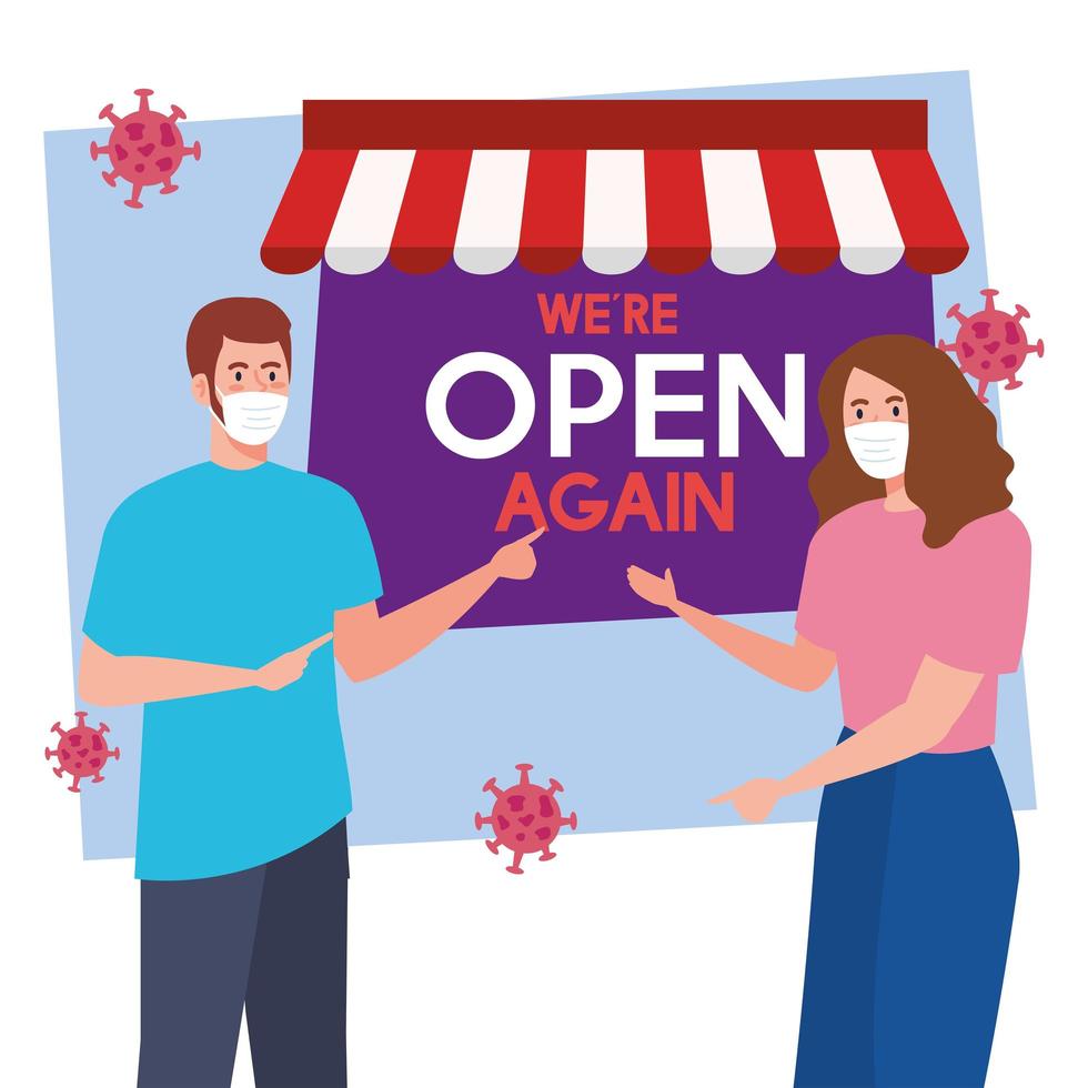 open again after quarantine, reopening of shop, couple with label of we are open again vector