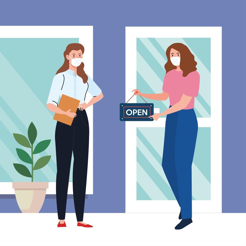 open again after quarantine, women with label of reopening of shop, we are open again, store shop facade vector