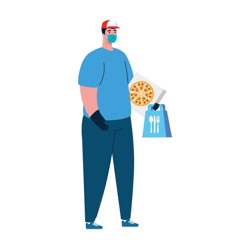 Delivery man with mask food bag and pizza box vector design