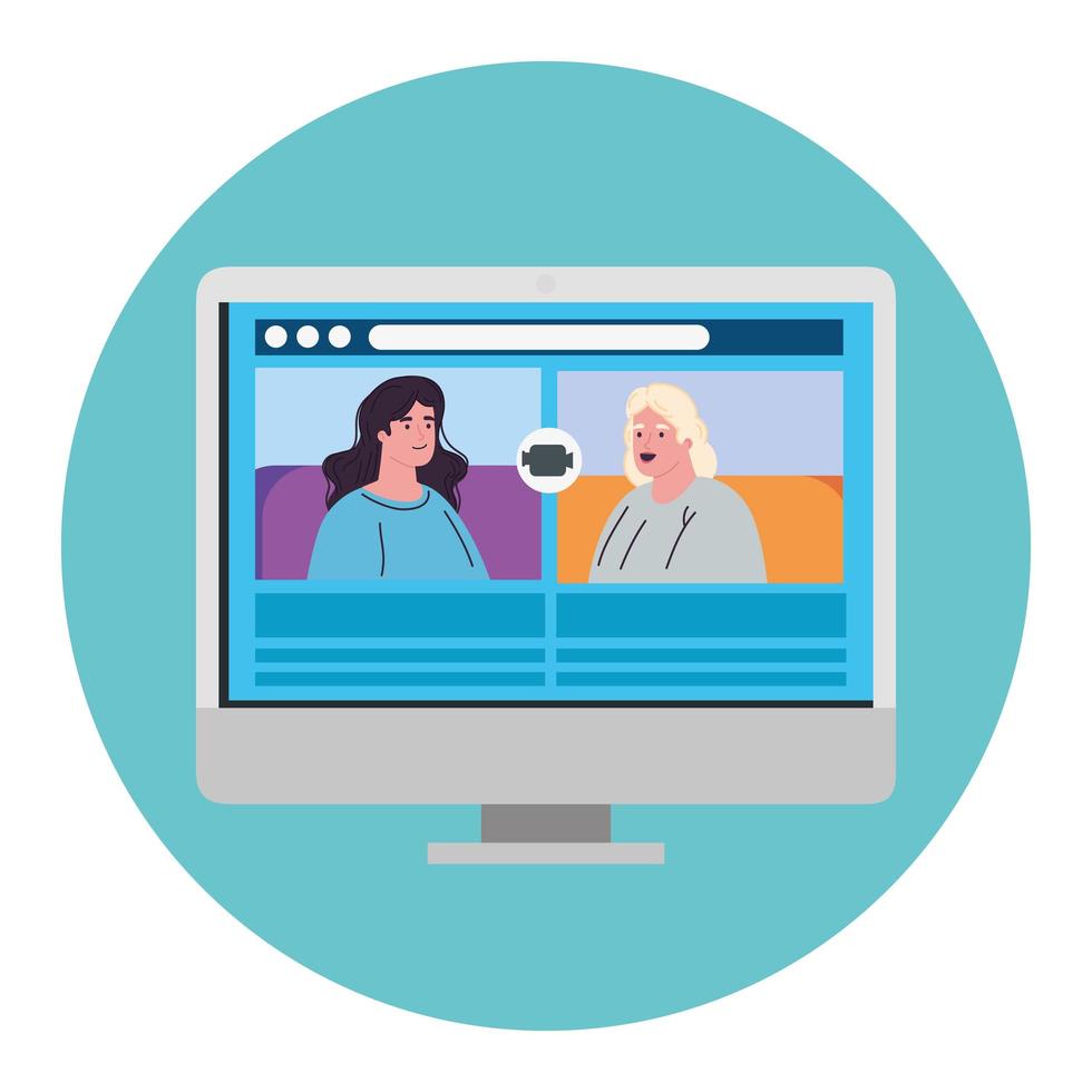 women talk to each other on the computer screen, conference video call vector