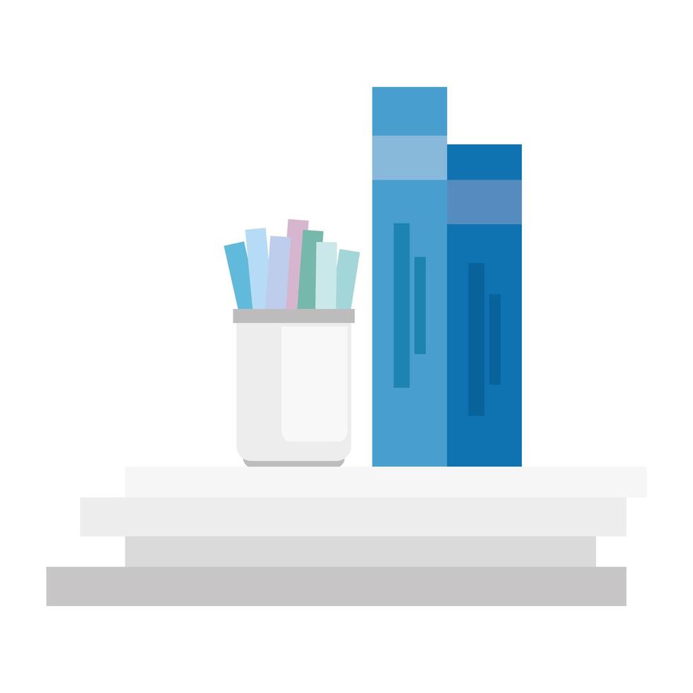 stationery equipment tool, pencils in bottle, with books, isolated icons vector