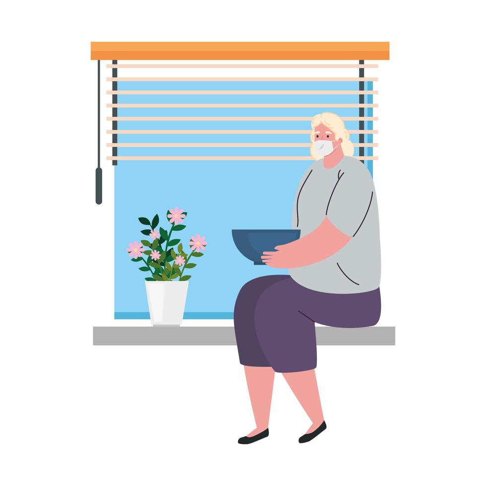 old woman wearing medical mask against covid 19 sitting in window, stay at home concept vector