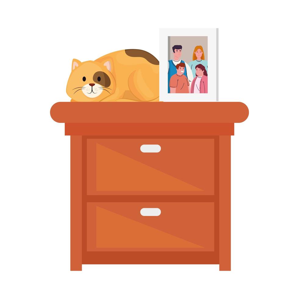 cat with photo of family on wooden drawer isolated icon vector