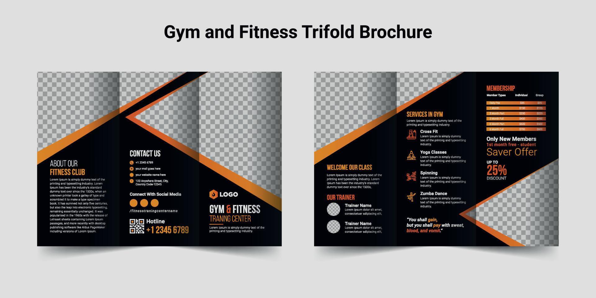 Fitness, Gym or Health tri-fold brochure design template vector
