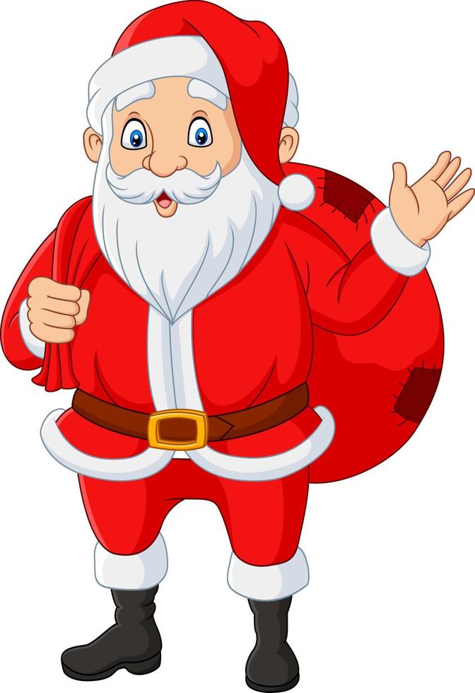 Santa claus carrying a bag of the presents waving vector