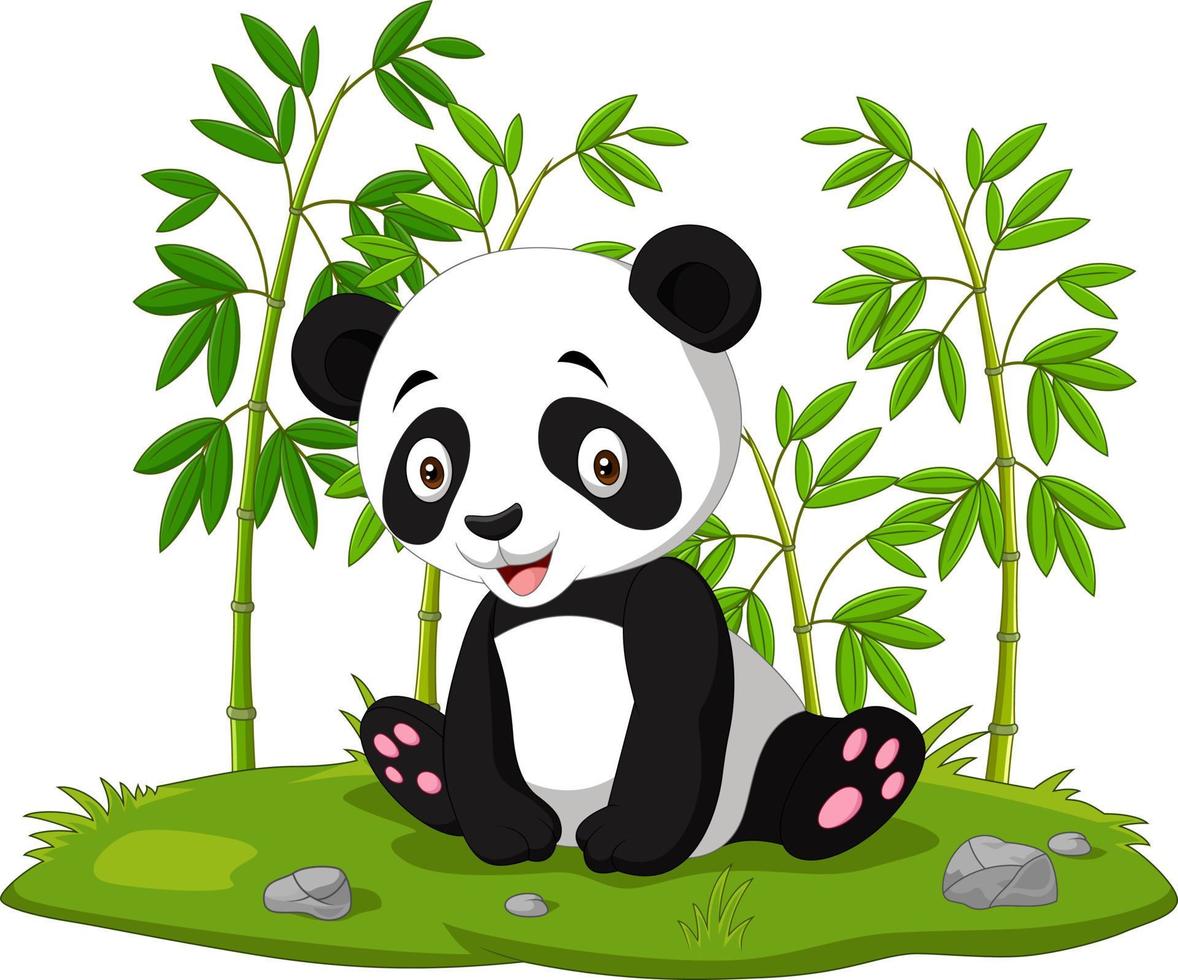 Cartoon baby sitting panda in the jungle bamboo vector