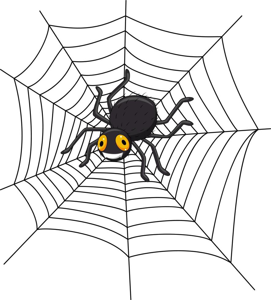 Cartoon spider on the cobweb vector