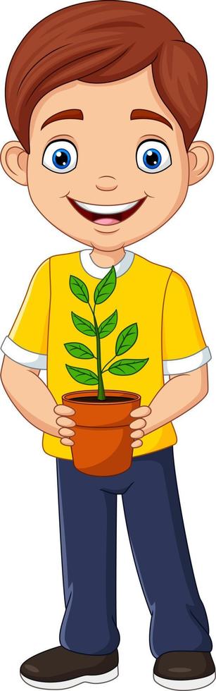 niño sonriente sosteniendo una planta en maceta en la mano vector