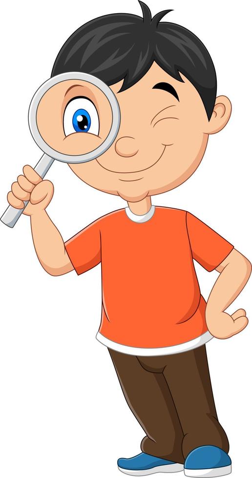 Little boy using magnifying glass vector