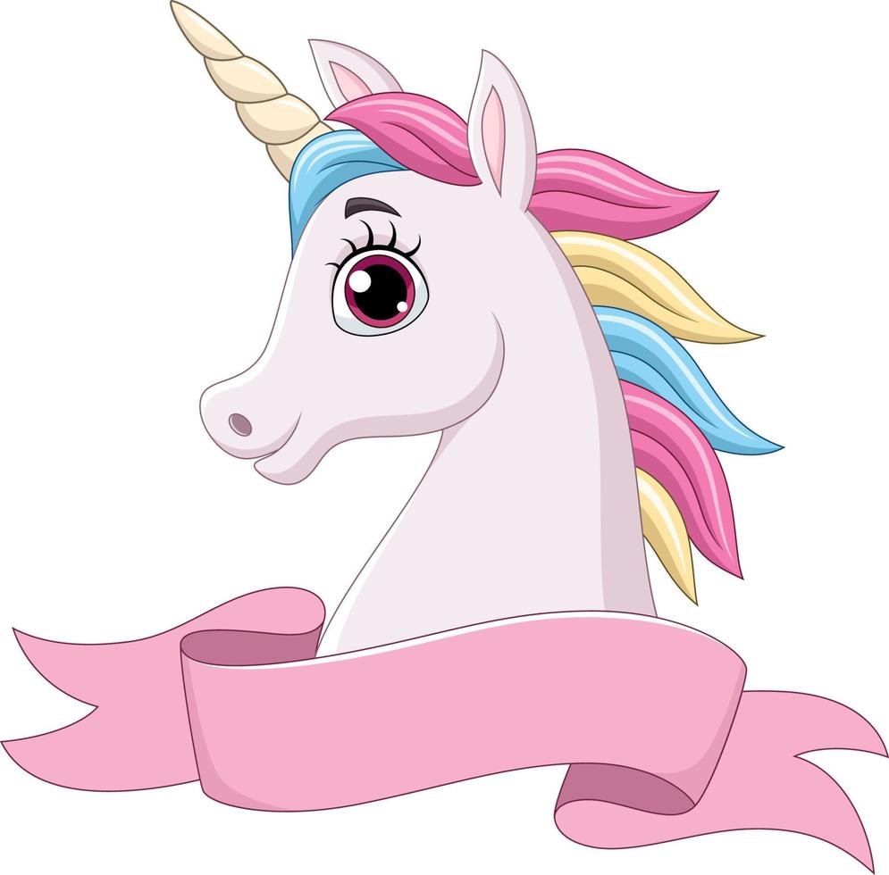 cabeza de unicornio de dibujos animados con cinta rosa vector