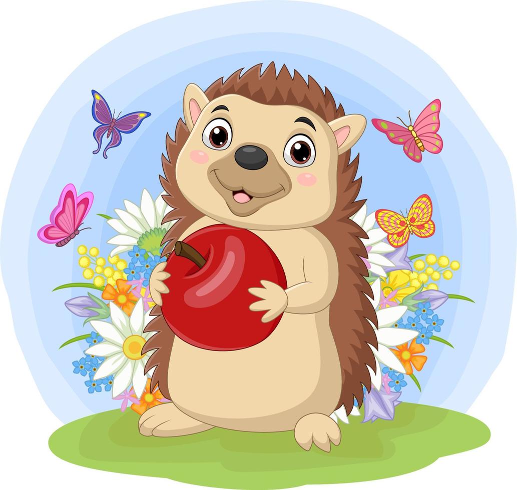 Cartoon hedgehog holding apple in the grass vector