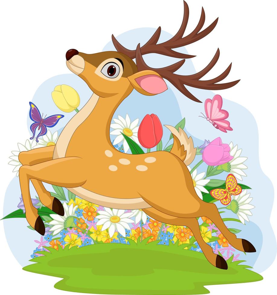 Funny dear jumping with flowers in the background vector