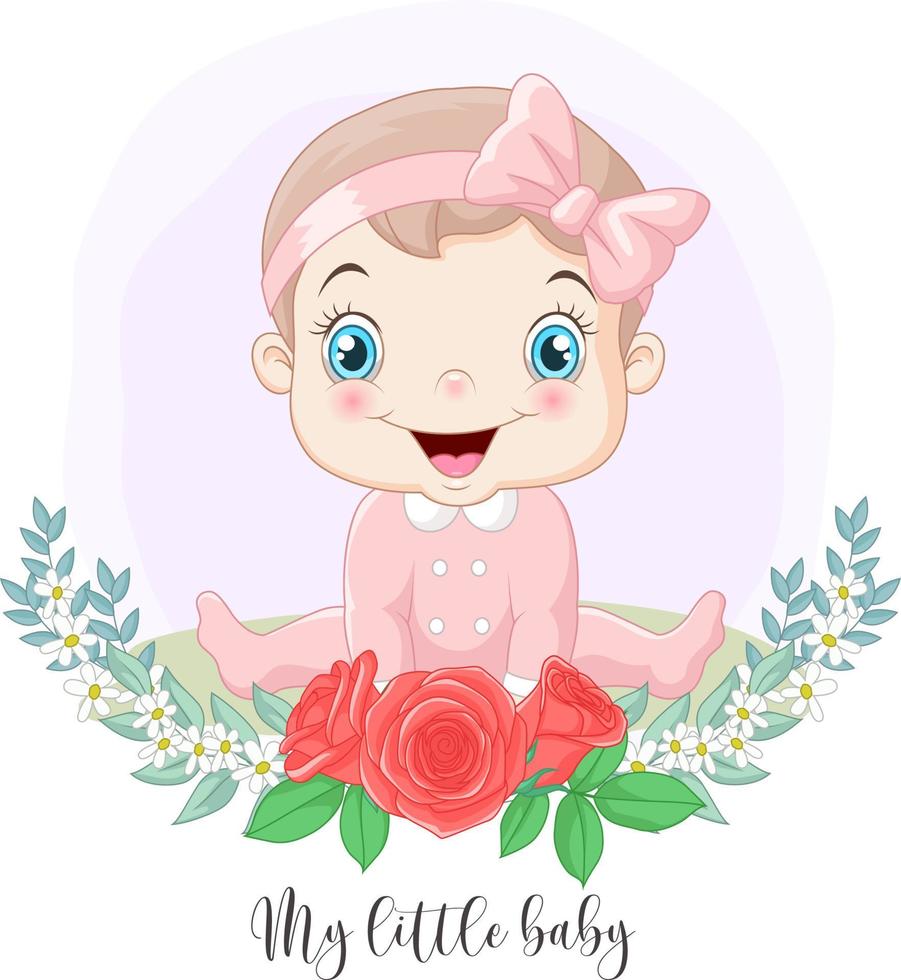 dibujos animados lindo bebé niña con fondo de flores vector