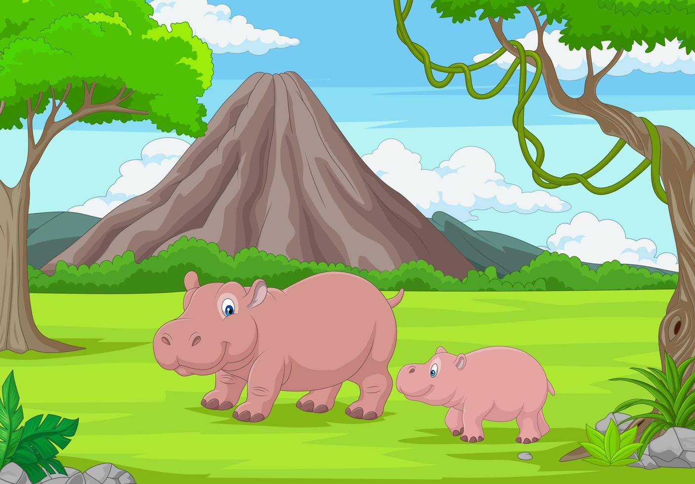 Cartoon mother and baby hippo in the jungle vector