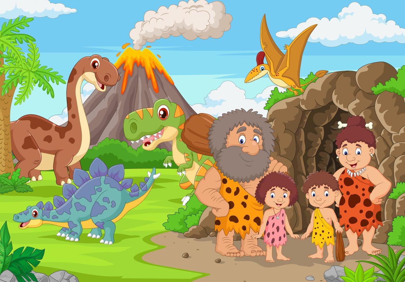 Group of cartoon cavemen and dinosaurs in the forest vector