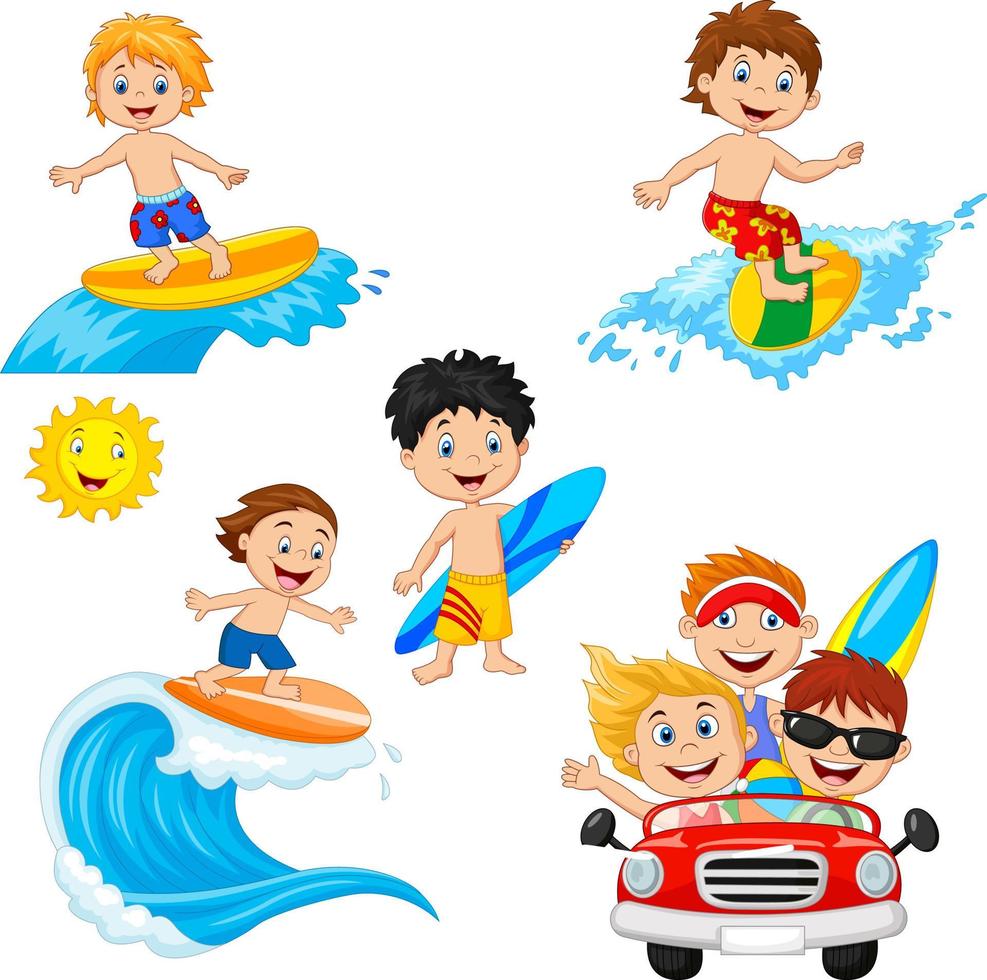 conjunto de niños de playa jugando en tabla de surf vector