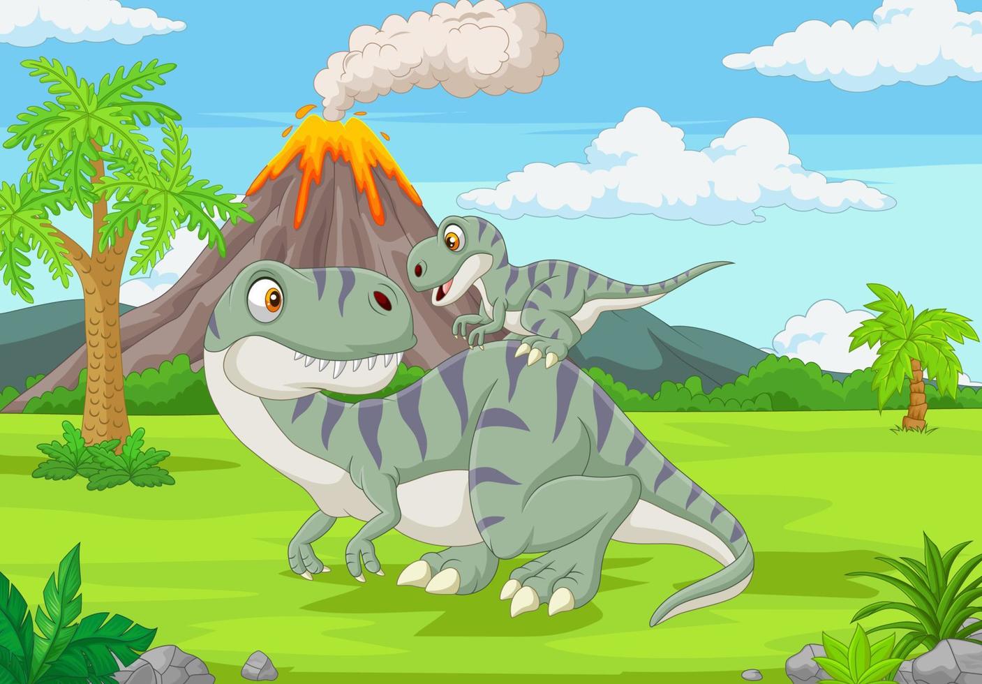 Cartoon mother and baby dinosaur in the jungle vector