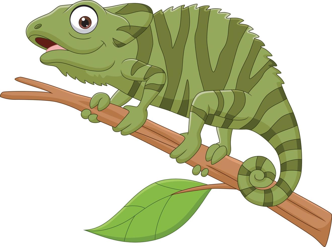 Cartoon green chameleon on tree branch vector