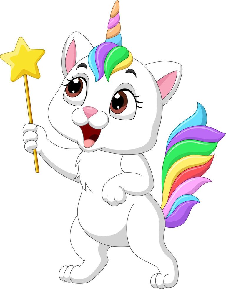 gato unicornio divertido de dibujos animados con varita mágica vector