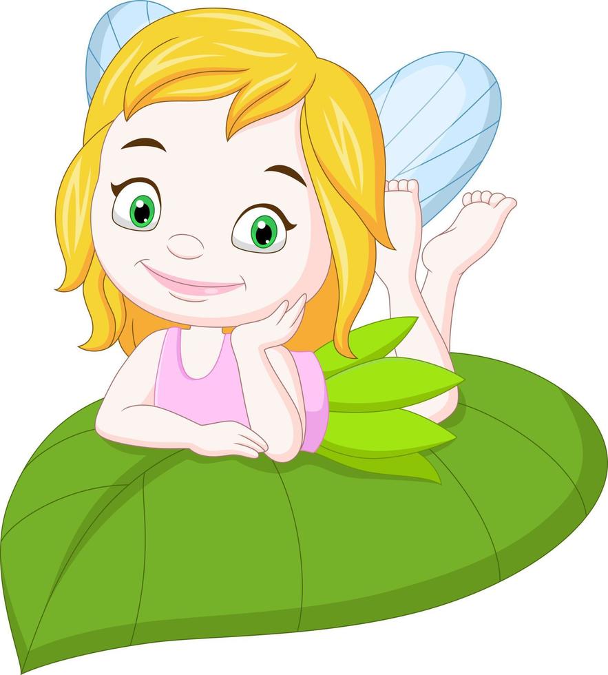 Cartoon funny little fairy on green leaf vector