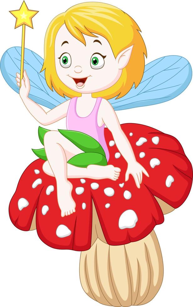 Cartoon little fairy sitting on a mushroom vector