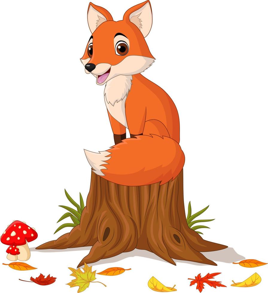 Cartoon happy fox sitting on tree stump vector