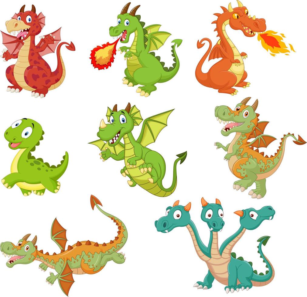 conjunto de dibujos animados de dragones sobre fondo blanco vector