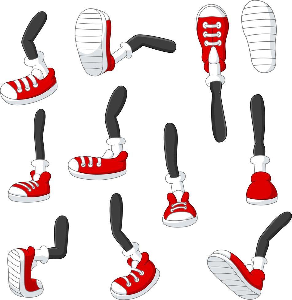 Cartoon walking feet in red sneakers on stick legs in various positions vector