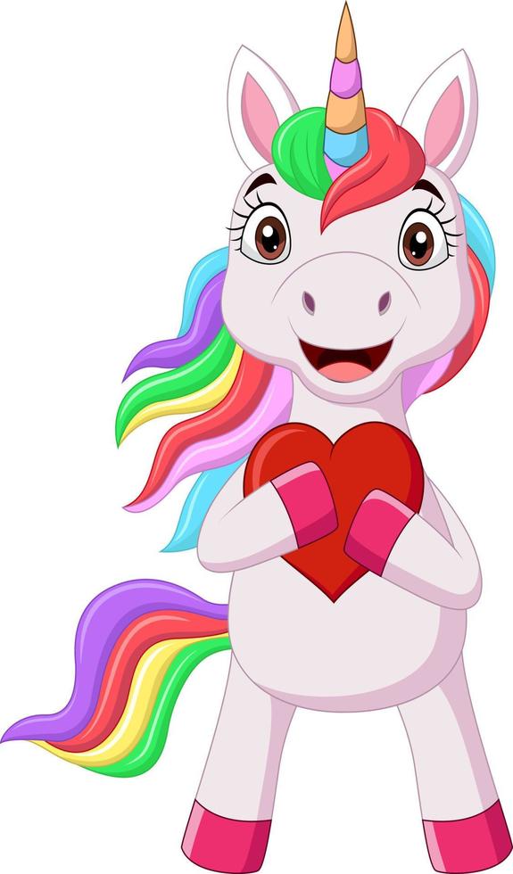 Cute little pony unicorn holding red heart vector