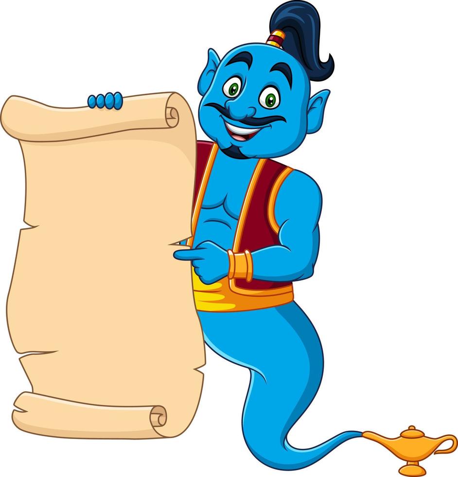 Cartoon genie holding blank scroll paper vector