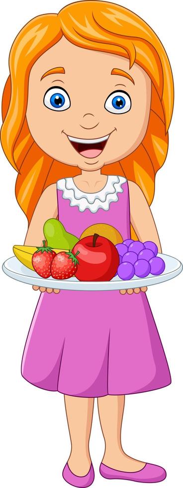 Little girl holding a dish with fresh fruits vector