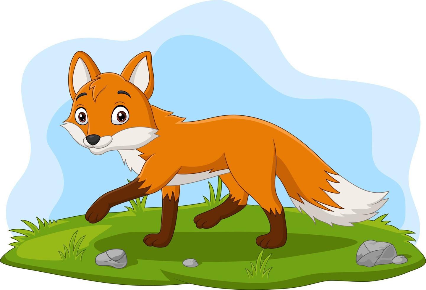 Cartoon happy fox walking in the grass vector