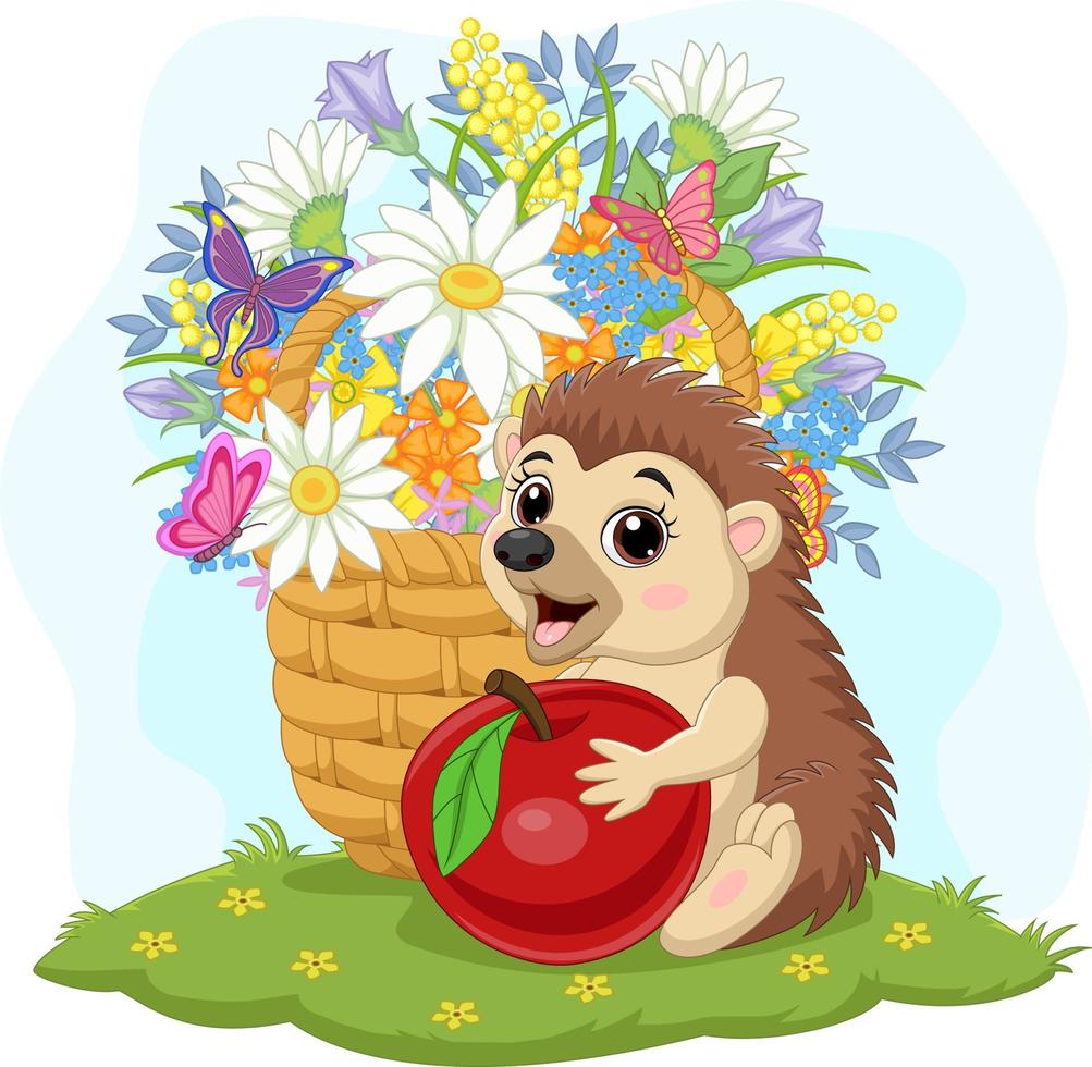 Cartoon baby hedgehog holding an apple vector