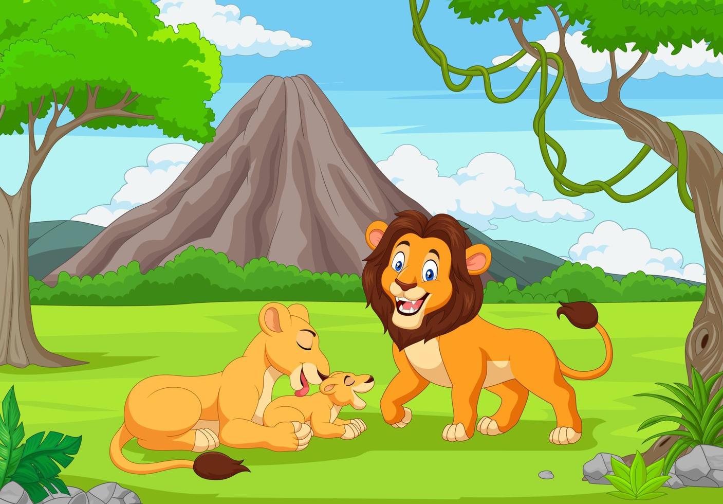 Cartoon family lion in the jungle vector