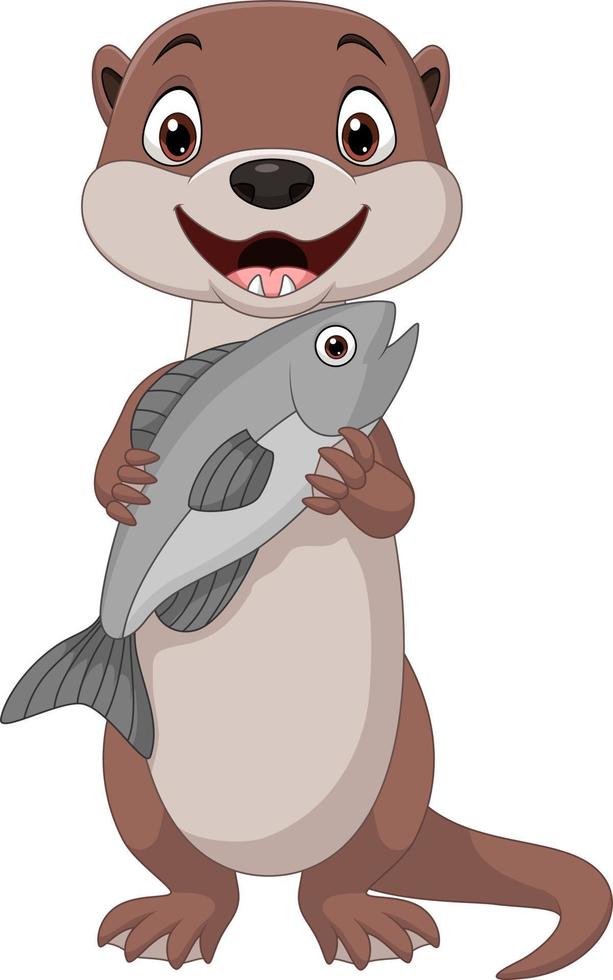 Cartoon smiling otter holding fish vector
