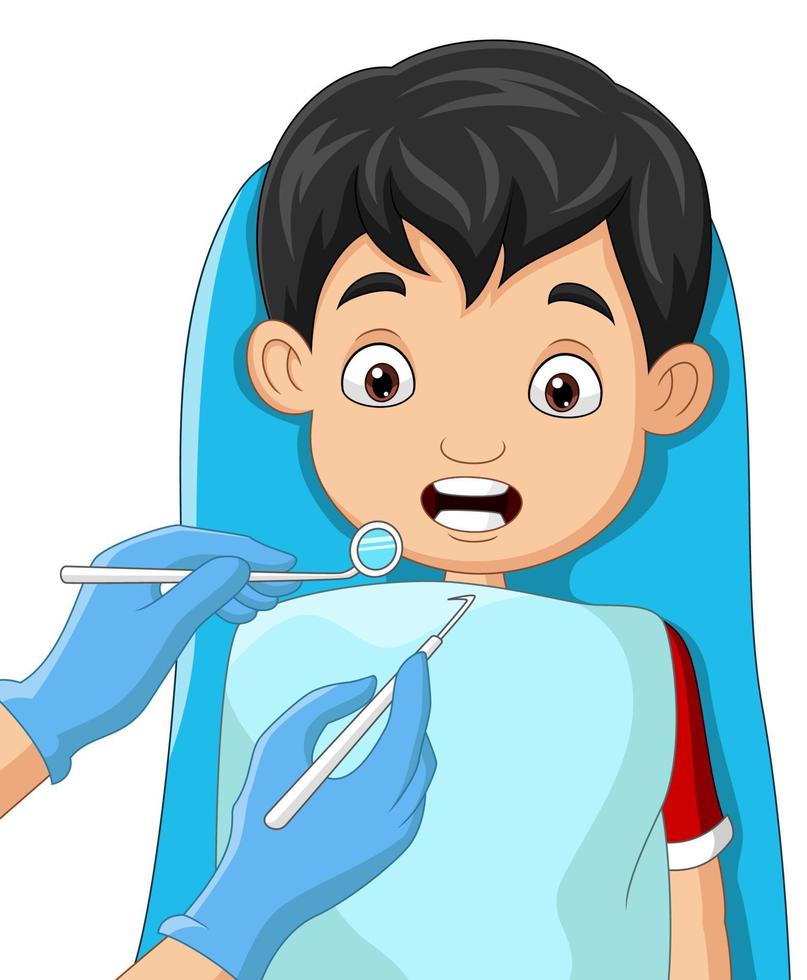 Cartoon little boy teeth checked by dentist vector