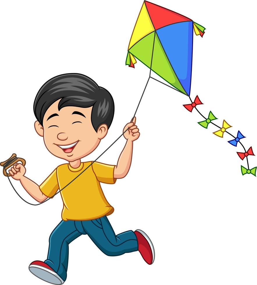 Cartoon happy boy playing kite vector