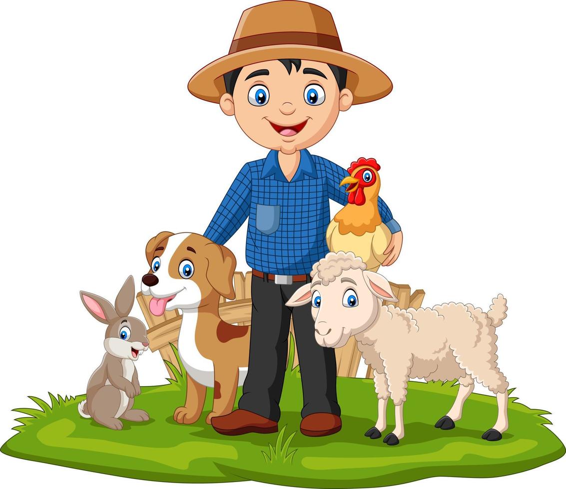 Farmer with farm animals in the grass vector
