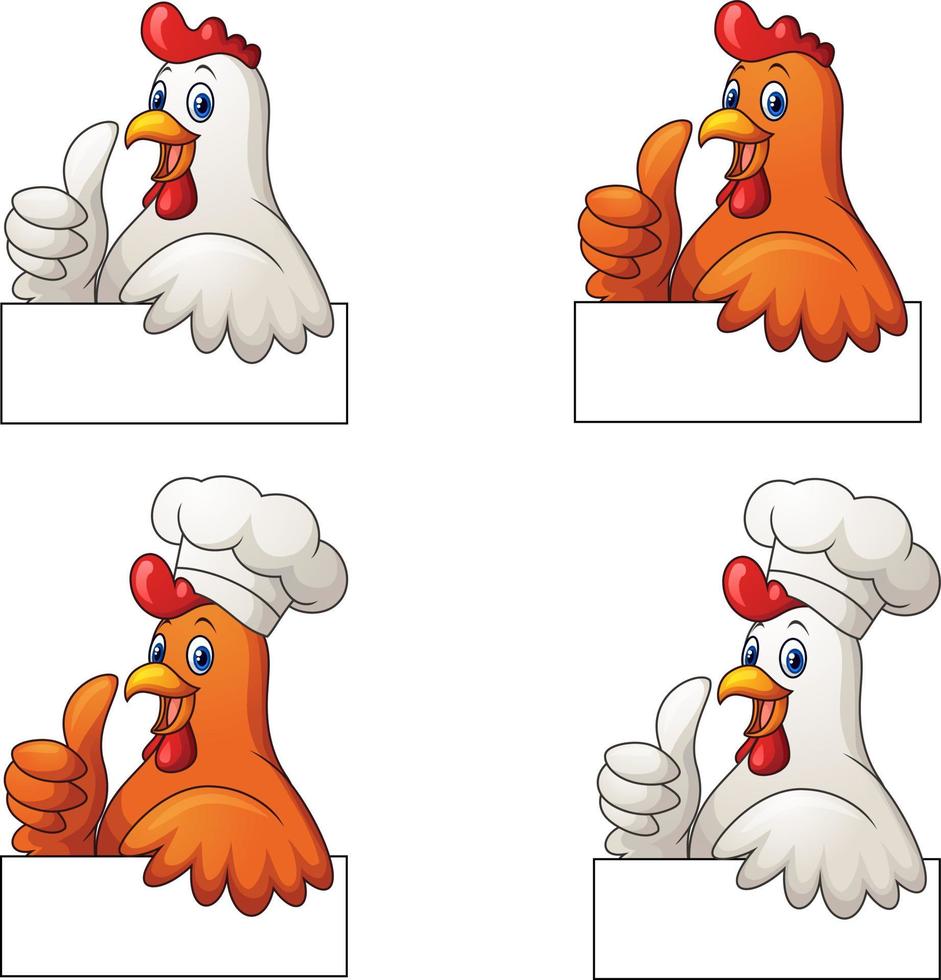 Set of roosters cartoon giving thumb up with blank sign vector