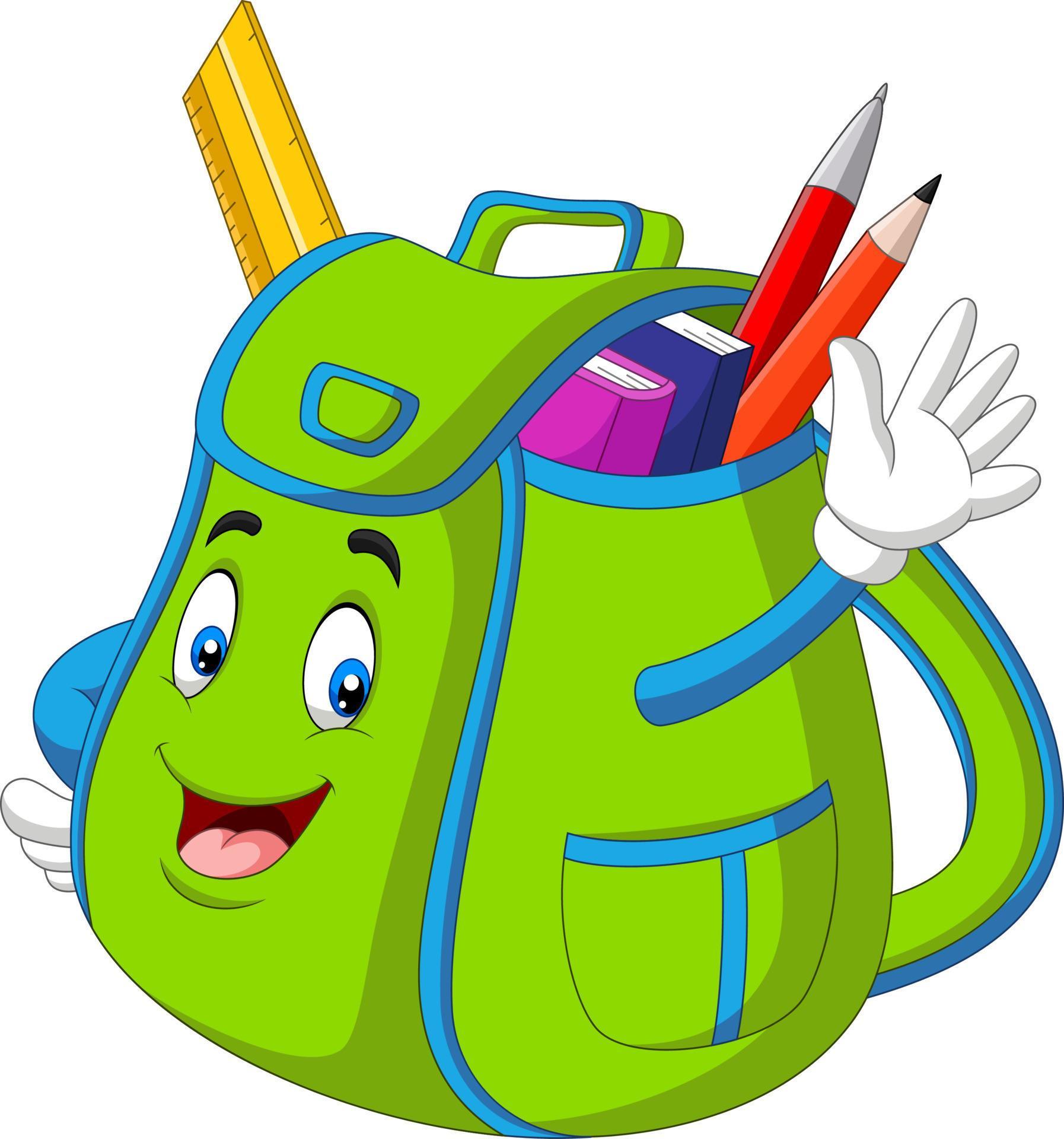 Cartoon green school backpack waving hand 5162059 Vector Art at Vecteezy