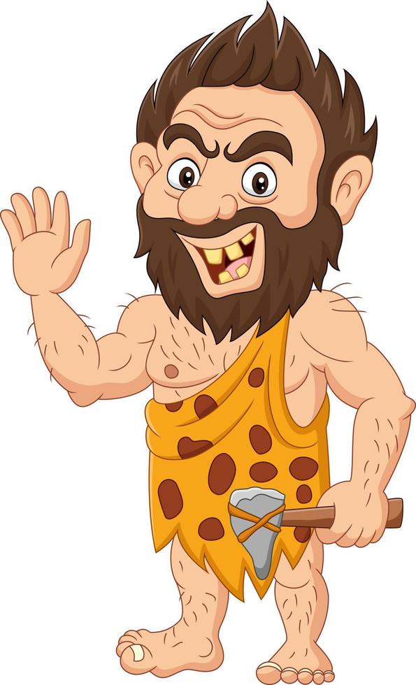 Cartoon caveman holding a stone hammer and waving vector