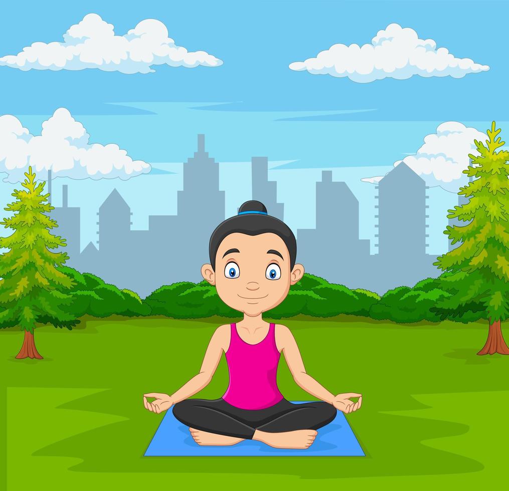 Young woman doing meditation in green city park vector