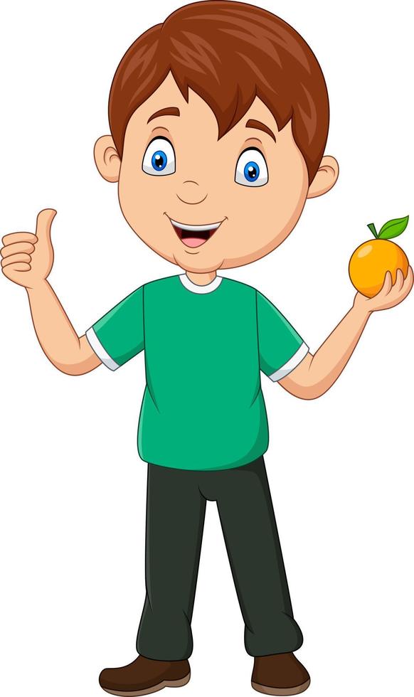 niño pequeño de dibujos animados sosteniendo una fruta naranja y dando pulgares hacia arriba vector