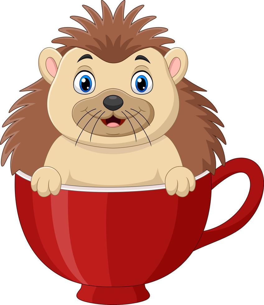 Cartoon happy hedgehog sitting in a red cup vector