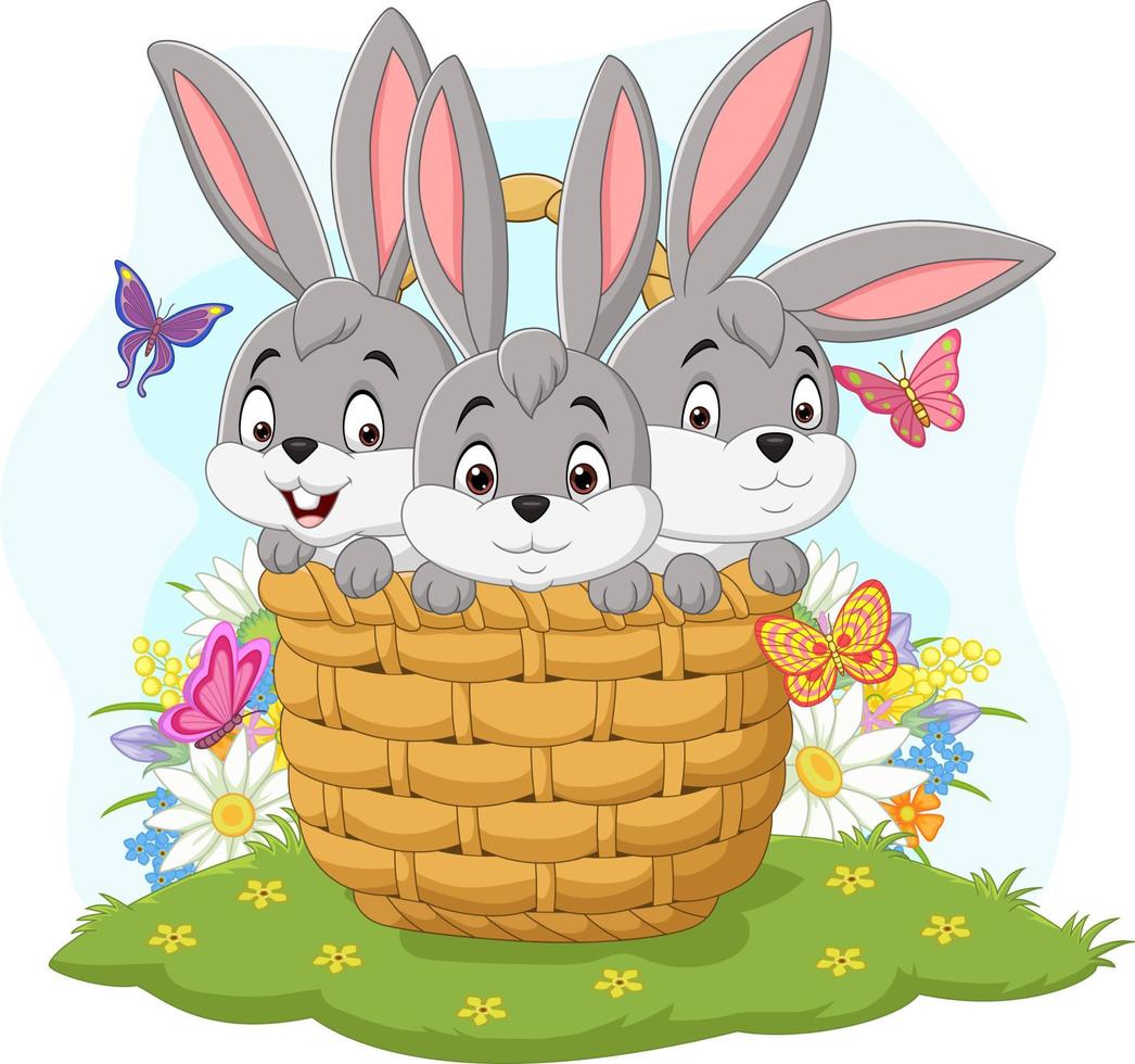 Three rabbits cartoon in the basket vector