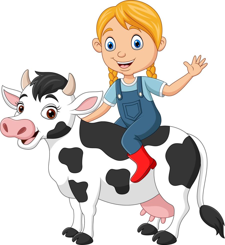 Cartoon happy little girl riding cow vector