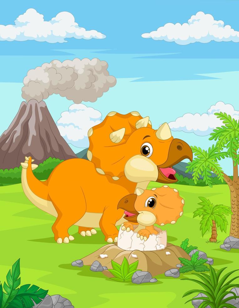 Cartoon Mother triceratops with baby hatching vector