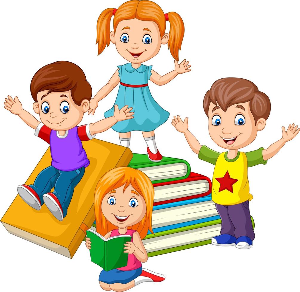 escolares felices con montones de libros vector